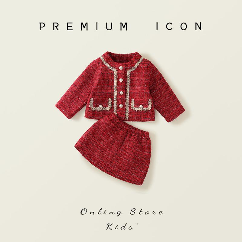 子供用セットアップ 子供服 女の子 ツイード ジャケット ミニスカート 2点セット 厚手 冬 90cm 100cm 110cm 120cm 130cm 140cm 幼稚園 保育園 小学生