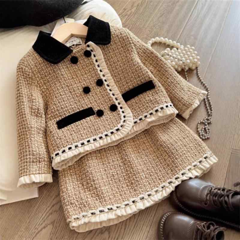 子供用セットアップ 秋冬 女の子 ツイード ジャケット スカート 上下 2点セット 厚手 格子柄 かわいい 普段着 90 100 110 120 130 140