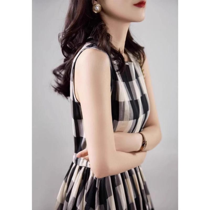 ワンピース レディース 格子柄 Aライン ノースリーブ ロング丈 接触冷感 ゆったり 春夏 モノトーン レトロ おしゃれ