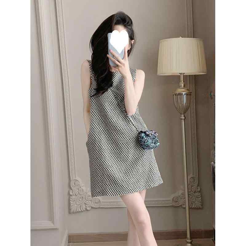 ワンピース レディース ノースリーブ Aライン 膝丈 格子柄 黒白 モノクロ アボカド色 粘着性繊維 街頭..