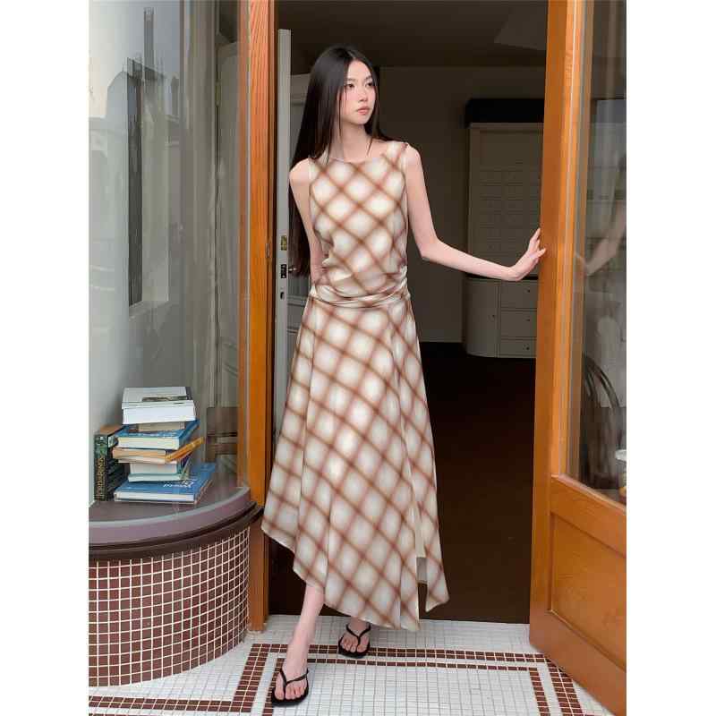 ワンピース レディース 格子柄 ノースリーブ 不規則 ミディ丈 高見え Aライン ハイウエスト 切り替え 街頭風 黄色 イエロー系 S M