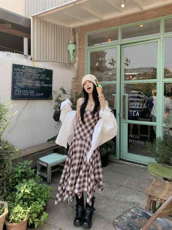 ・素材: PVC、TR面料・柄: 3D・スタイル: チャイナドレス風、レトロ・スカート丈: ミディアム・スカートタイプ: Aライン・ネックライン: ポロネック・袖丈: 七分袖、ノースリーブ・ウエスト: ハイウエスト・カラー: チェック・サイ...