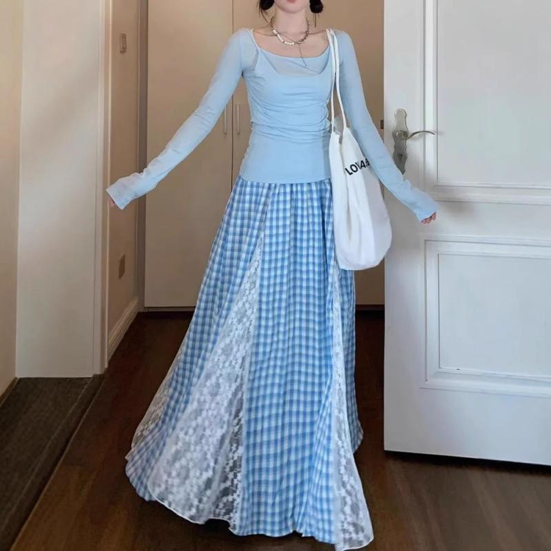 スカート レディース 春夏 レース 切り替え ブルー チェック柄 ハイウエスト ロング Aライン 銅アンモ..