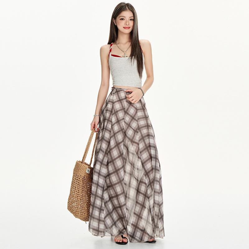 スカート レディース 不規則 ミディ丈 膝丈 ポリエステル 涼しい ブラウン 茶色 チェック柄 普段使い お洒落 おしゃれ