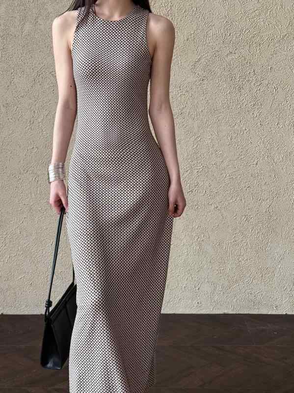 ワンピース レディース 春夏 フレンチレトロ ノースリーブ チェック柄 ロングワンピース 高見え 細見え ウエストシェイプ 文芸復古風 ラウンドネック 綿 ポリエステル 栗棕格 法兰灰格
