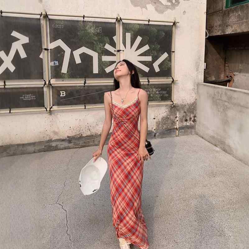 ワンピース レディース レース 格子柄 キャミソール 高見え ポリエステル 包臀 ロングワンピース 赤色 S M L XL リゾート風 セクシー 伸縮性