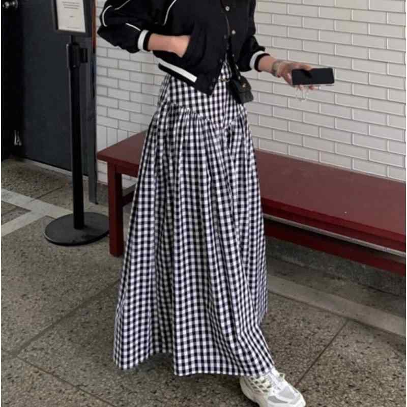 乐天商城 - スカート レディース チェック柄 ハイウエスト ロングスカート フレアスカート ギャザースカート Aライン 通勤 きれいめ かわいい 白色 黒色 格子柄 春夏