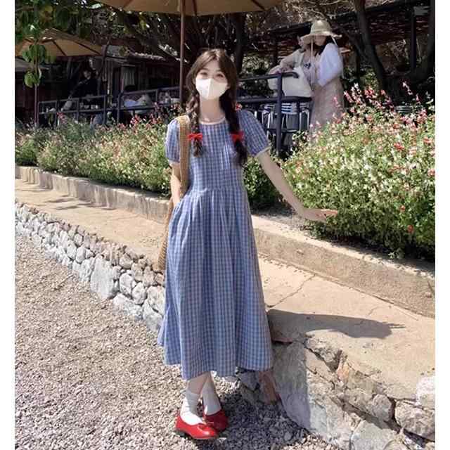 ワンピース レディース ブルー系 格子柄 泡袖 半袖 Aライン ミディ丈 高腰 森ガール 普段使い