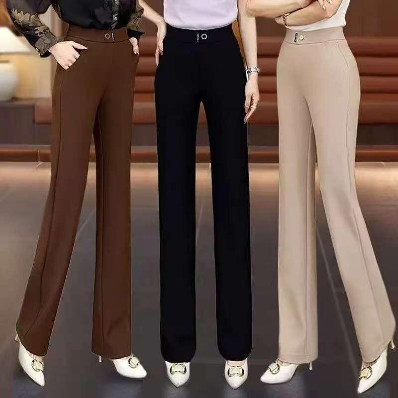 Capri Pants - レディース マイクロフレアパンツ 高腰 薄手 ポリエステル 垂感 スリム 夏 黒 キャメル カーキ 通勤 普段使い 気質 スタイル 軽量 ロングパンツ 微喇型 女性用 シンプル 休闲 切り替えなし 再生繊維 90%以上 2025年 夏季 気質通勤 風 適