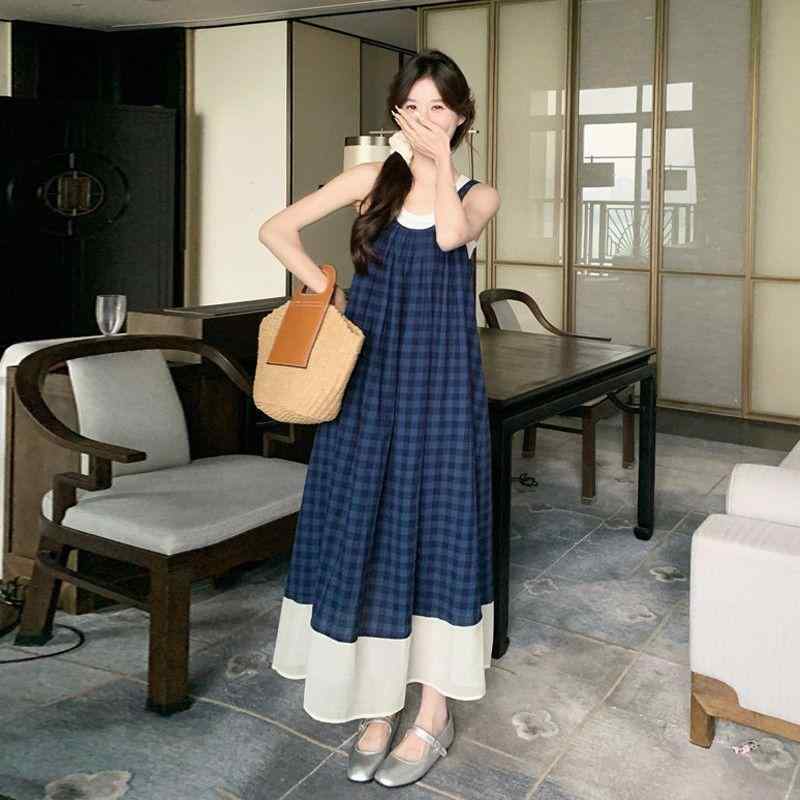 ワンピース レディース ブルー系 格子柄 ノースリーブ 吊りスカート ロング丈 ゆったり 文芸風 森ガール レトロ サマードレス リゾート 膝下 Uネック 3D