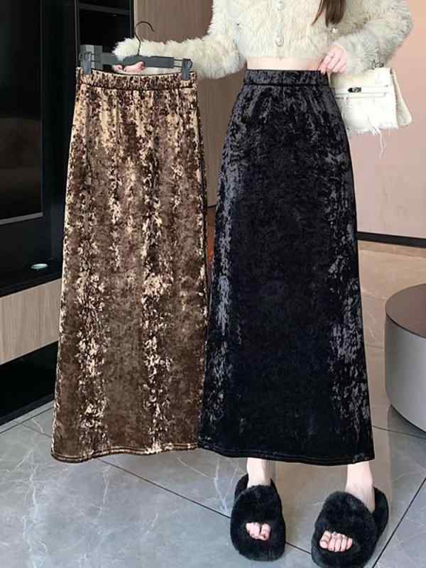 スカート レディース 秋冬 ベルベット調 包みスカート タイトスカート スリット入り ミドル丈 ハイウエスト ブラック カーキ あったか 美シルエット 通勤 エレガント