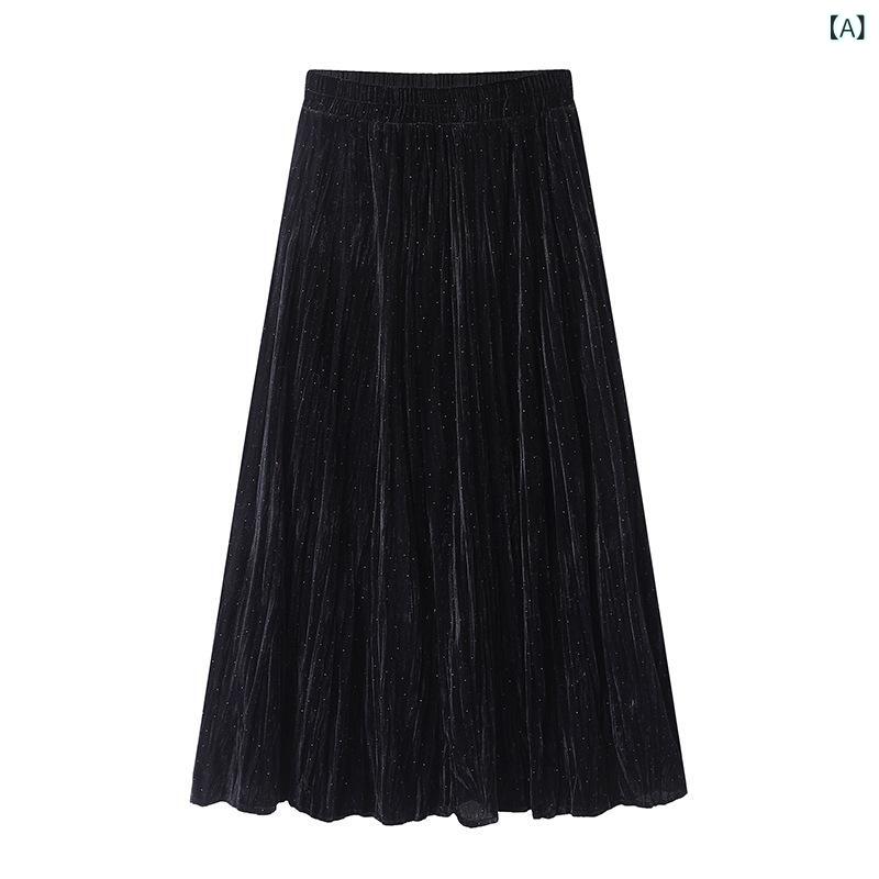 シャドーテールのスカート レディース ベルベット Aラインスカート ロングスカート 黒 膝下丈 ポリエステル 切り替え ハイウエスト 20代 30代 40代 エレガント 通勤 無地｜アングル2