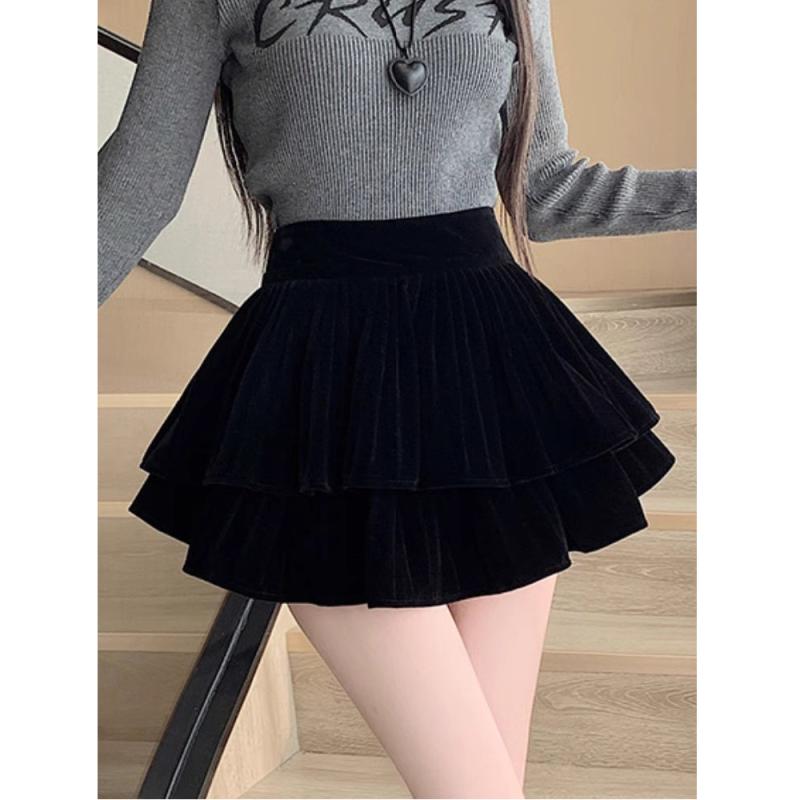 スカート レディース 秋冬 ベルベット プリーツスカート ミニスカート ハイウエスト Aライン フレアスカート 膝上丈 ギャザースカート 裾フリル 無地 ブラック コーヒー色 ポリエステル かわいい セクシー(4)