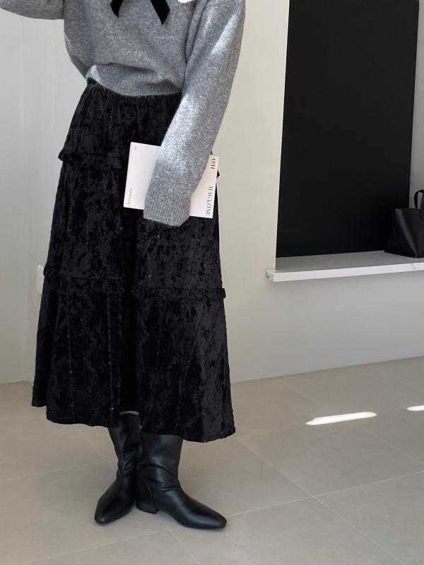 スカート レディース レース チュール スパンコール 金糸 ベロア ロング 秋冬 ケーキスカート 黒 茶色
