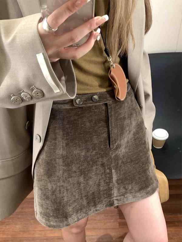 スカート レディース A字スカート ミニスカート ベルベット チョコレートグレー 無地 切り替えデザイン ポリエステル 通勤 オフィス カジュアル 秋冬