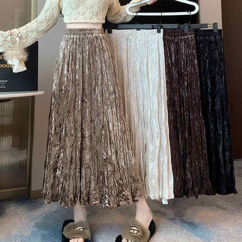 スカート レディース 秋冬 高見え ベルベット Aライン ミモレ丈 プリーツスカート 韓国ファッション 着痩せ ブラック ベージュ ブラウン