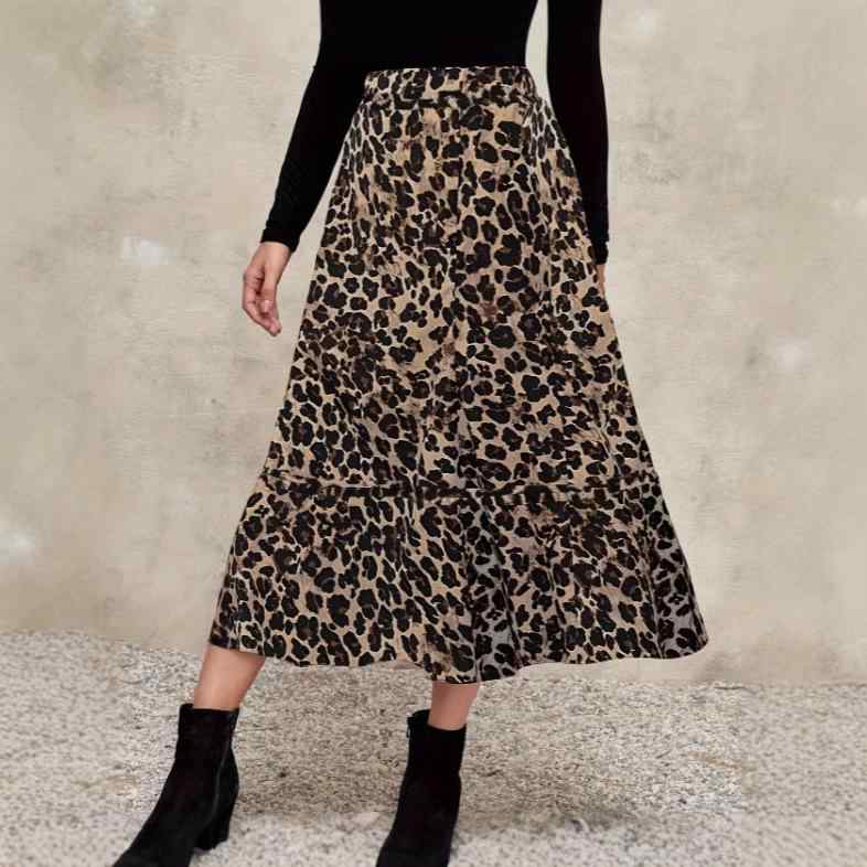 スカート レディース ヒョウ柄 Aラインスカート ロング丈 ポリエステル ウエストゴム ゆったり 伸縮性 体型カバー 通勤 花柄 エレガント