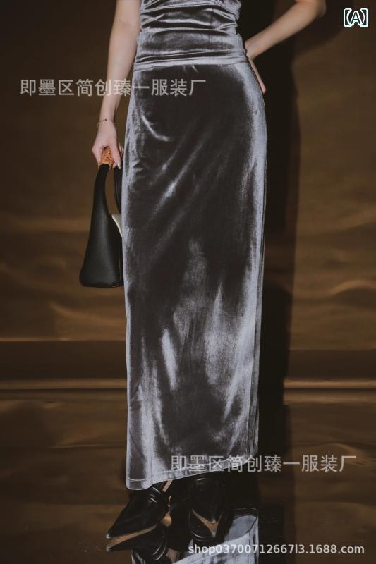 キャミソールワンピース レディース ベルベット ロングスカート セットアップ エレガント グレー 無地 ポリエステル 灰色 微弾性 複合 春夏