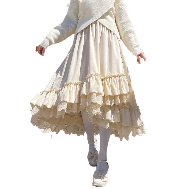 スカート レディース ベルベット レース Aライン ミモレ丈 ケーキスカート 黒 ブラック ベージュ アイボリー ポリエステル 通勤 きれいめ