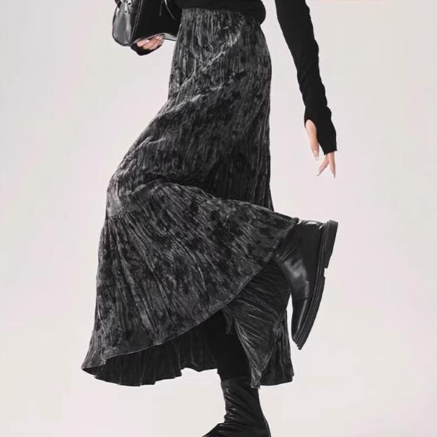 スカート レディース 秋冬 高見え デザイン ベルベット プリーツ フレア ミモレ丈 グレー 韓国風 ファ..