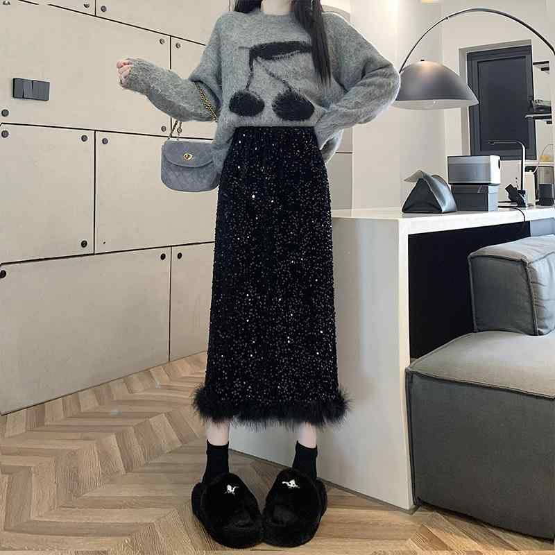 スカート レディース 秋冬 ベルベット スパンコール 羽根 切り替え ハイウエスト スリット Aライン ロ..