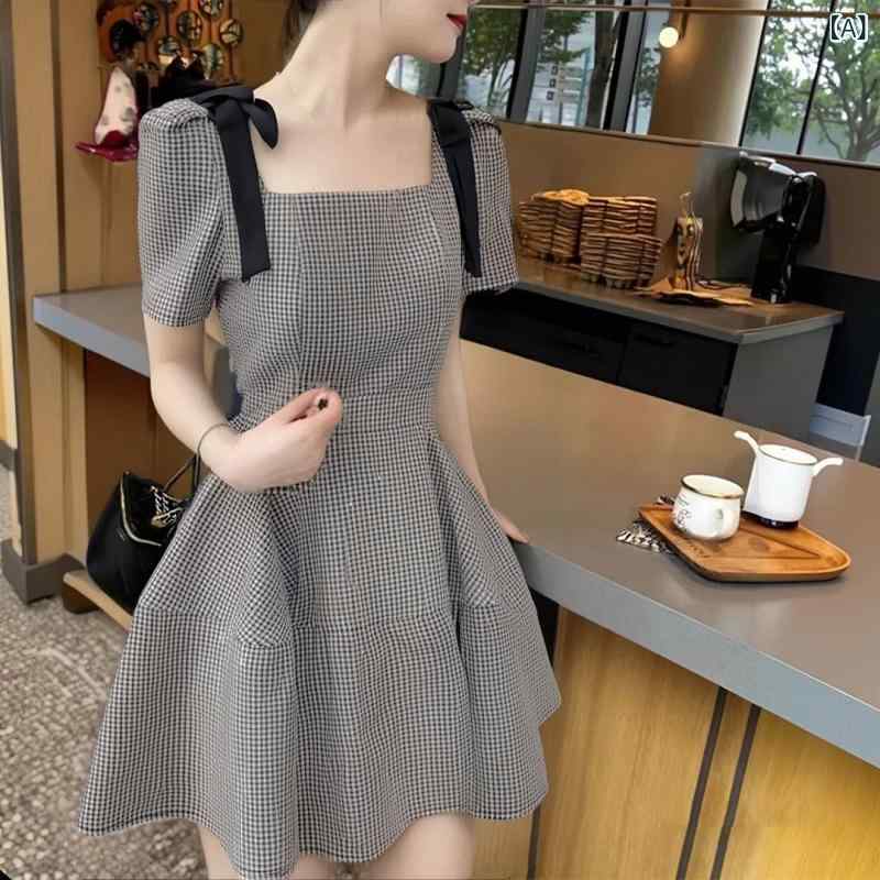 ワンピース レディース フレンチレトロ 半袖 ミニ丈 Aライン 高腰 チェック柄 ブラック エレガント 通勤 パーティー ポリエステル
