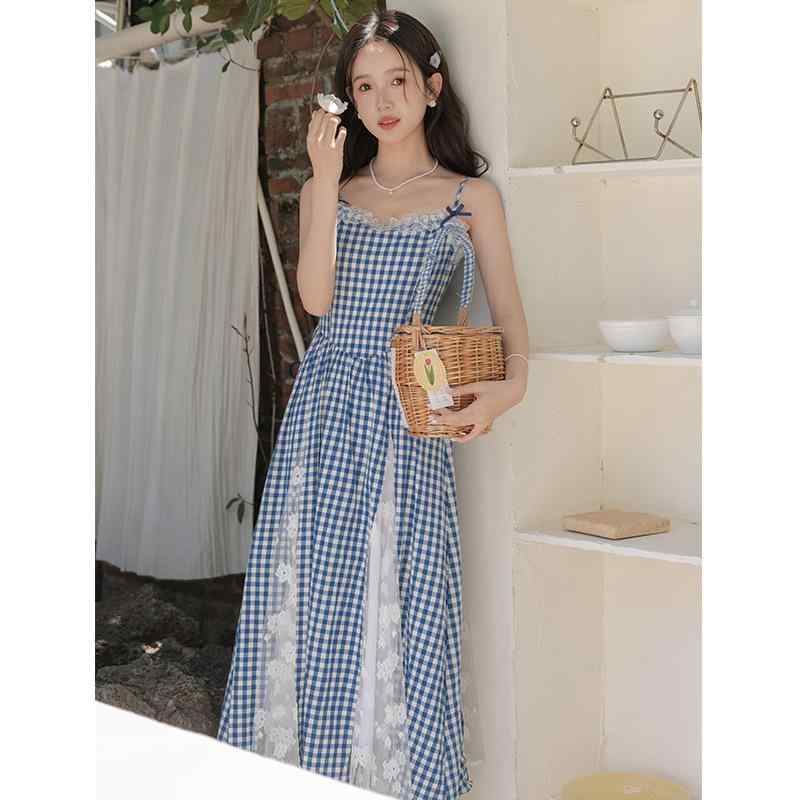 Skirts - ワンピース レディース 法式 レトロ Aライン 膝丈 ミディ丈 高見え 高腰 切り替え チェック柄 吊りスカート キャミワンピース かわいい 清新 甘め お嬢様風 綿 ブルー 青系