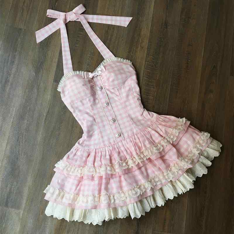 ワンピース レディース 蝶結び レース 切り替え チェック柄 ホルターネック 高腰 Aライン パフスリーブ ミニワンピース 春夏 ブラック ピンク系 レッド