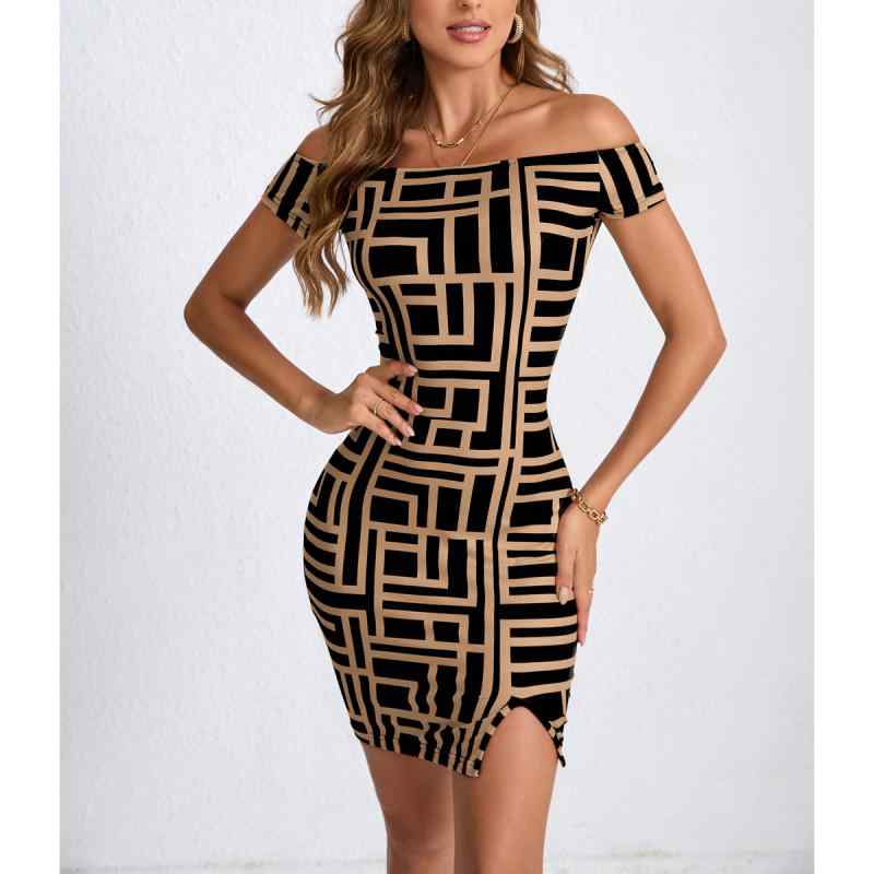 ワンピース レディース 膝上丈 格子柄 プリント 一字肩 背中開き ショート丈 ポリエステル 包臀 伸縮性 チュニック 黒 白 緑 ブラウン