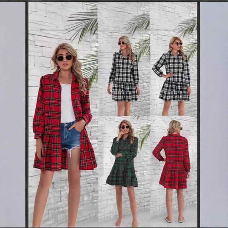 ワンピース レディース 格子柄 長袖 ケーキスカート 膝丈 街頭風 秋冬 綿 ポリエステル レッド S M L XL XXL