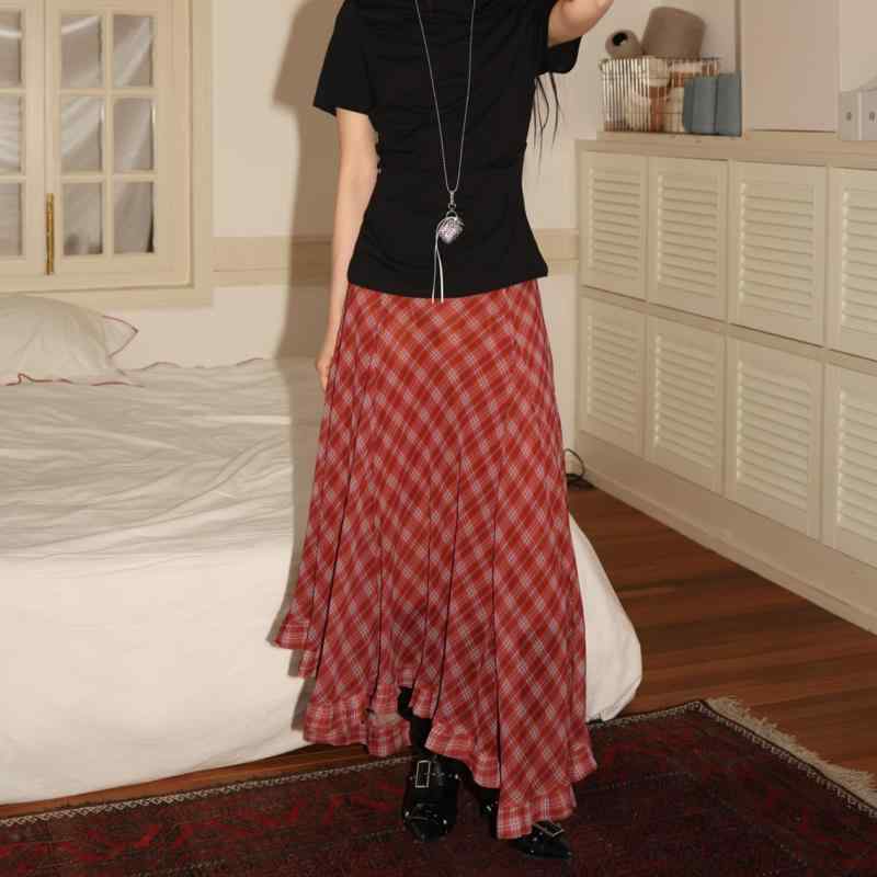 ★アシンメトリースカート アンバランススカート 黒に赤のタータンチェック柄 ハンドメイド ロング丈 リボン付き : ロングスカート レディース チェック 柄 マキシ