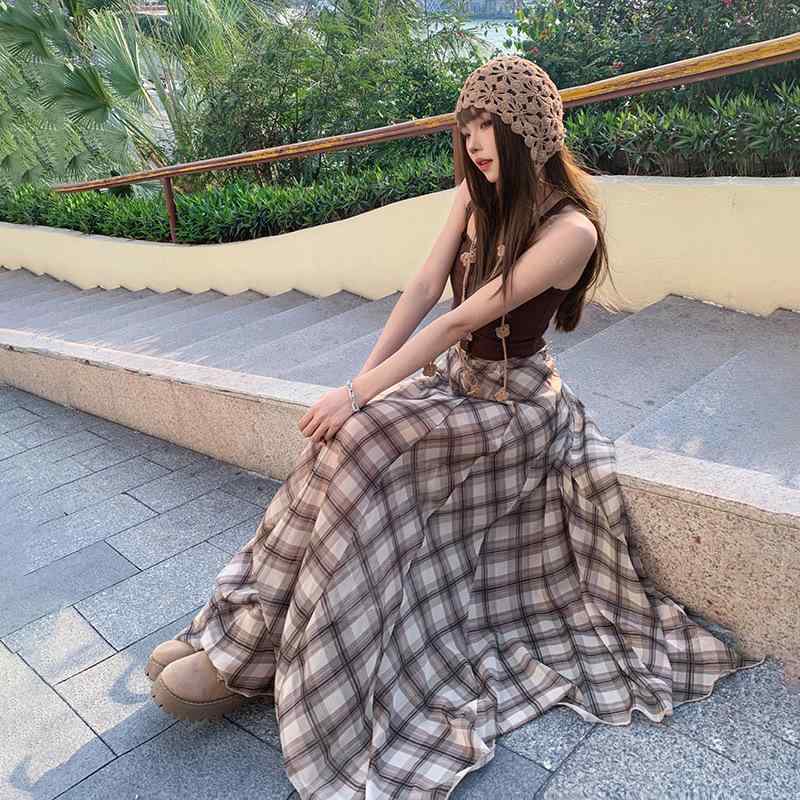 スカート レディース 不規則スカート チェック柄 ロングスカート ハイウエスト 透け感 ブラウン系 XS S M L XL 御姐風