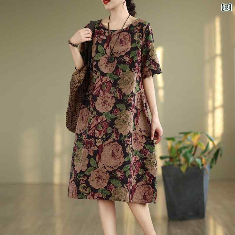 ワンピース レディース 春夏 半袖 コットン リネン 花柄 Aライン 膝丈 ゆったりサイズ ラウンドネック 紺色 カーキ色