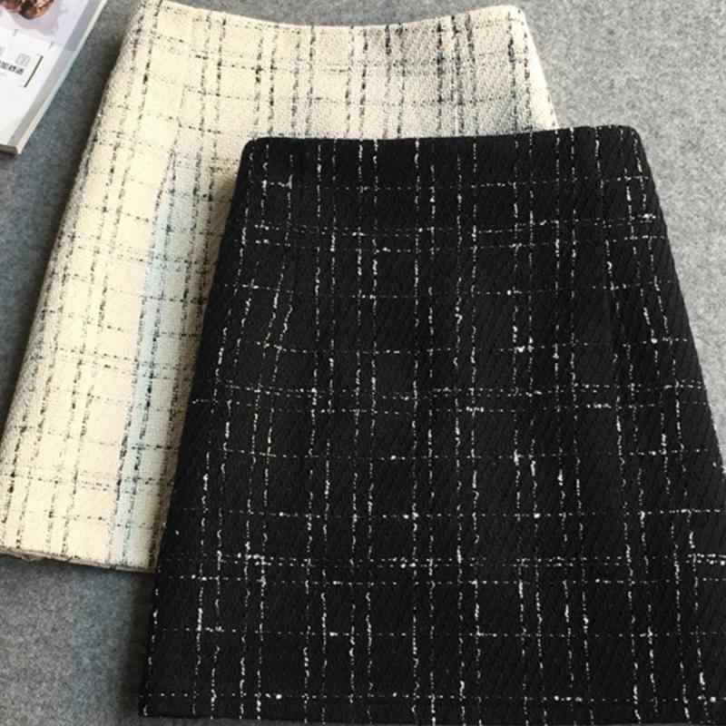 スカート レディース 秋冬 金糸 チェック柄 ハイウエスト Aライン ミニスカート 大きいサイズ 体型カバー シェニール織 ブラック ホワイト
