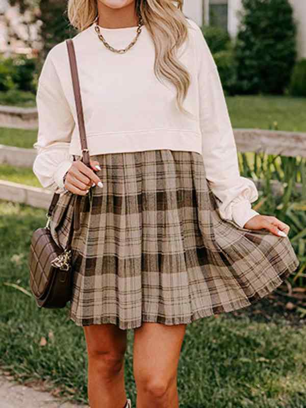 ワンピース レディース チェック柄 Aライン ミニ丈 長袖 高見え レトロ風 切り替え チュニック 膝上丈 杏色 ゆったり かわいい カジュ..