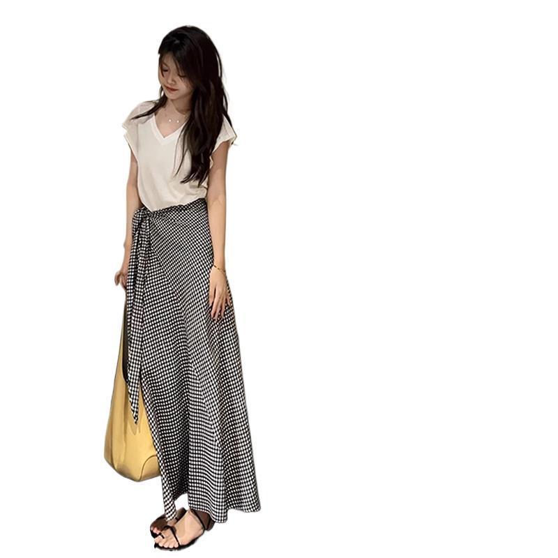 スカート レディース 黒白格子柄 Aライン 不規則 ミモレ丈 ポリエステル混紡 ハイウエスト 2025年春夏(4.0)