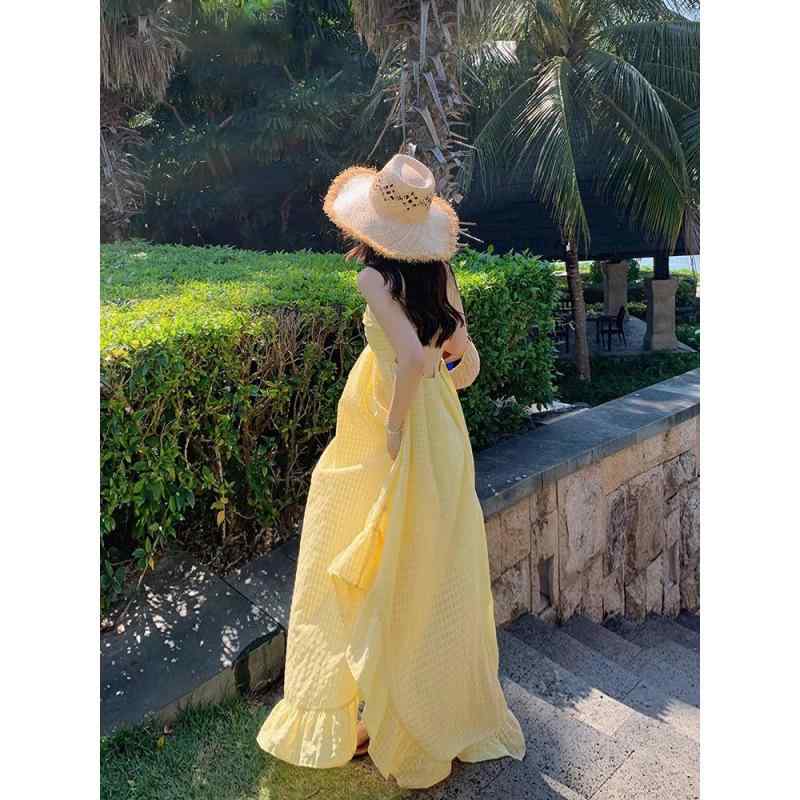 ワンピース レディース 春夏 格子柄 吊り下げネック Aライン ミモレ丈 ポリエステル ビーチ 海 リゾート 高腰 ノースリーブ 黄色 マカロンカラー 文芸復古 气质优雅