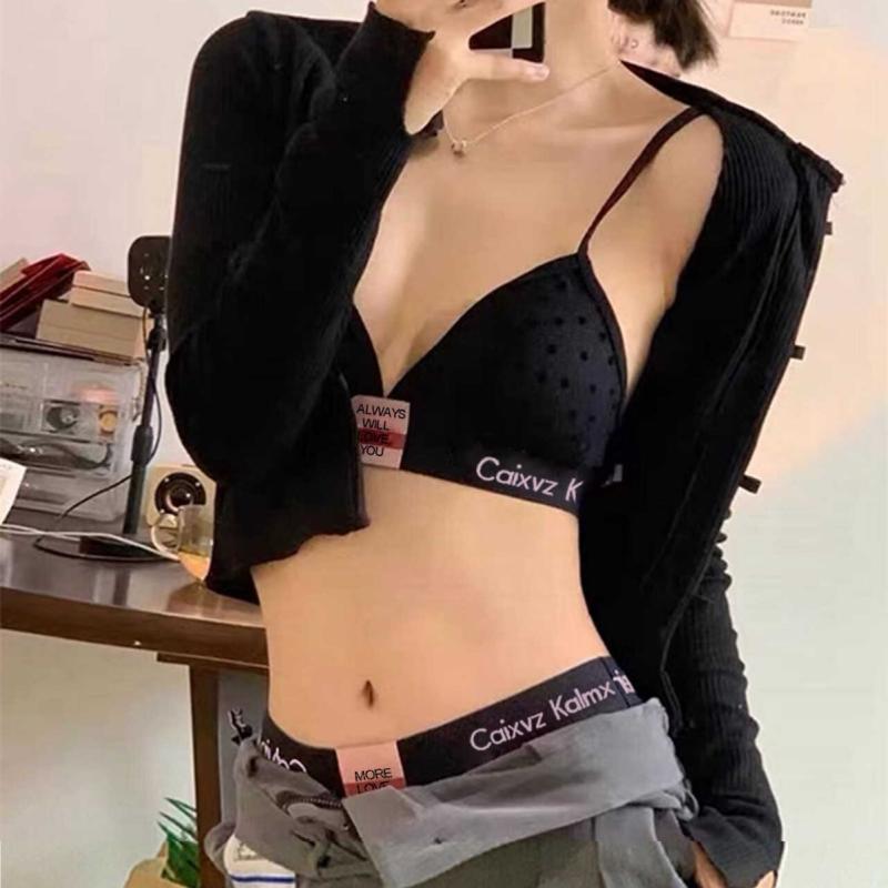 ブラジャー &amp; ショーツ レディース レース コットン 快適 通気性 美背 薄型 三角カップ 黒 ピンク系