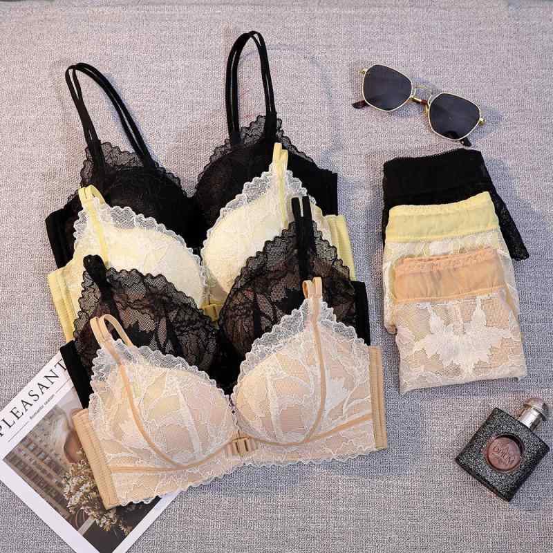 ブラジャー &amp; ショーツセット レディース 上げ 上げブラ レース 前開き ノンワイヤー 3/4カップ 寄..