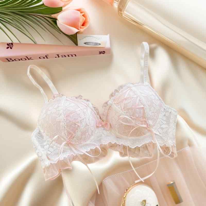 ブラジャー &amp; ショーツ レディース ロリータ レース 3/4カップ 盛りブラ 谷間メイク 通気性 プッシュアップ ブラジャーセット かわいい 日系 ブラック ピンク系 ブルー