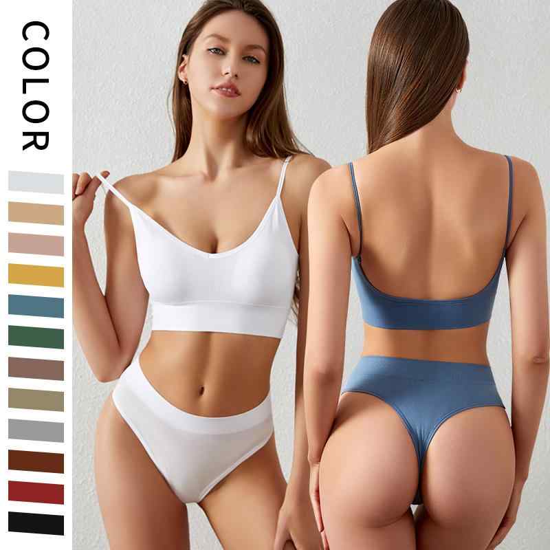 ブラジャー &amp; ショーツ セット レディース ランジェリー 三角ブラ 薄手 ティーバックショーツ ナイロン 美背 通気性 大胆露出 快適 ノンホック 伸縮性 ベージュ系