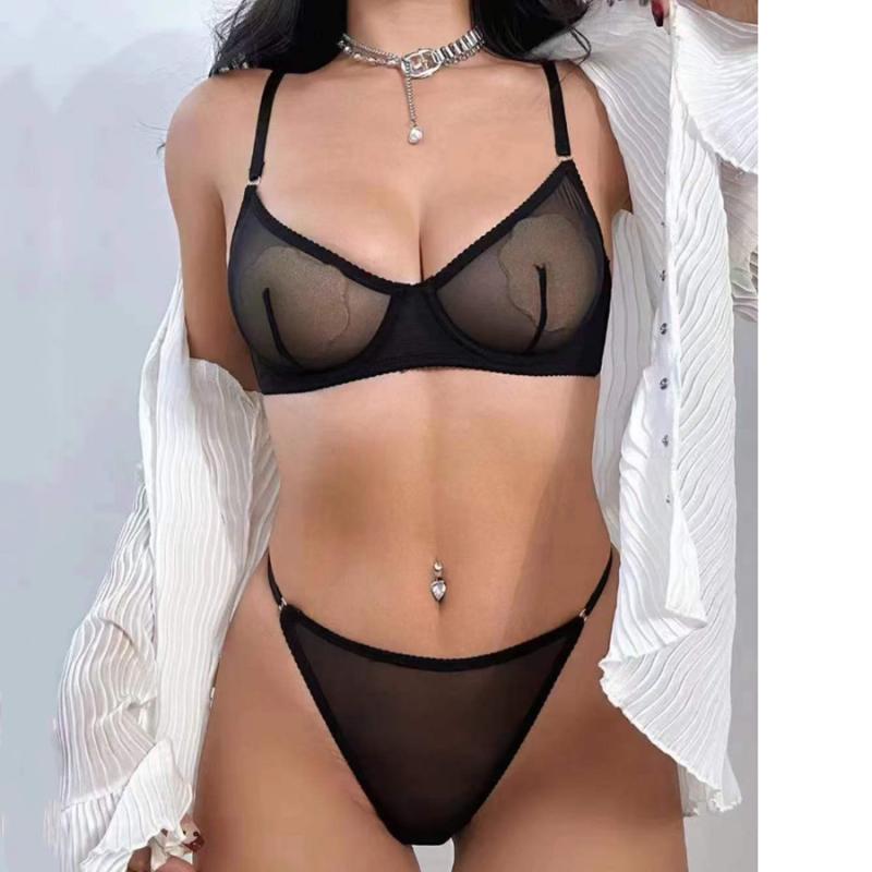 ブラジャー & Tバック セット レディース 超薄型 メッシュ 3/4カップ 通気性 レース 快適 セクシー 大胸显小 白 黒 深粉紅 緑 青