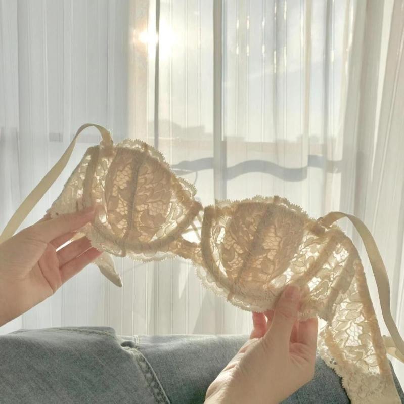 ブラジャー &amp; ショーツ レディース 薄型 ノンワイヤー ハーフトップ 肩紐付き レース コットン 通気性 吸汗 脇高 ずれにくい 背面..