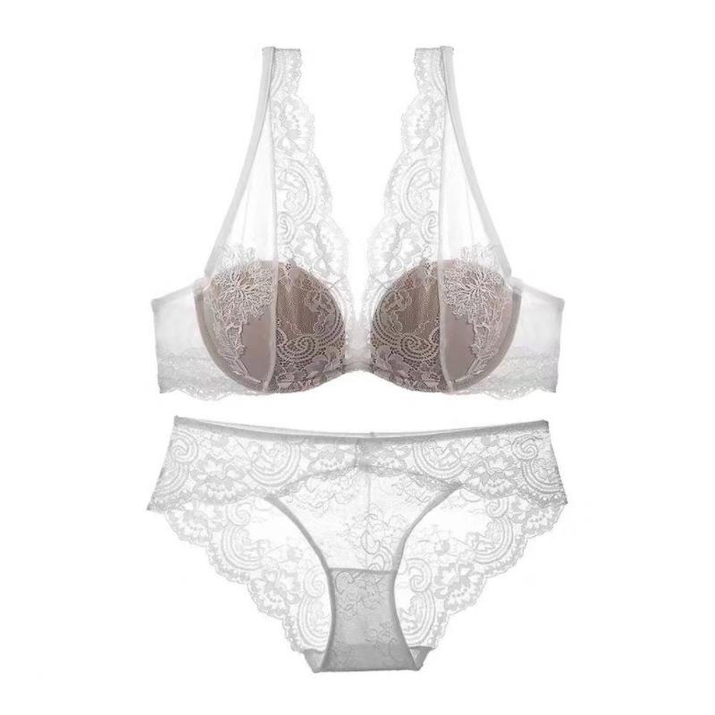 下着 レディース レースブラジャー ショーツセット 3/4カップ Vネック 通気性 ダブルストラップ 背中見..