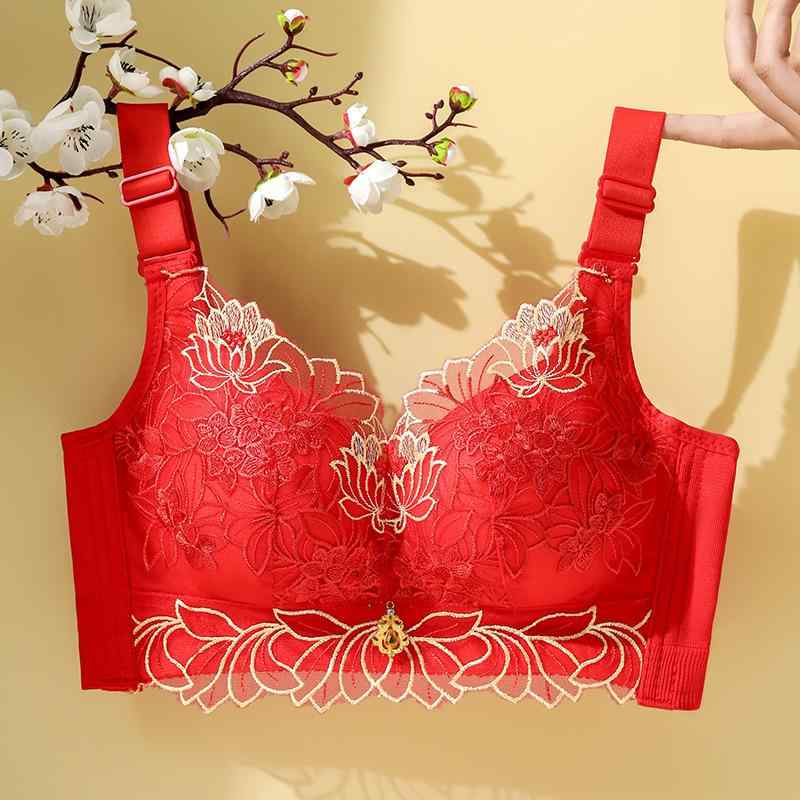 ブラジャー &amp; ショーツ レディース 赤色 幸運 3/4カップ 盛りブラ シームレス 通気性 リフトアップ..
