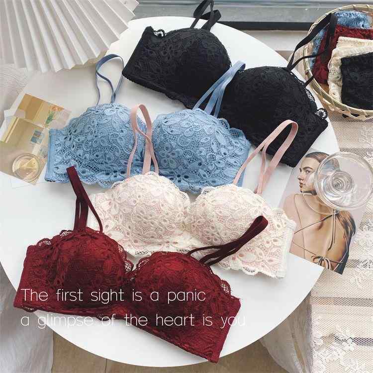 ブラジャー レディース 谷間メイク レース 脇高 補正 下着 セット 調整型 ノンワイヤー 3/4カップ パッド 厚手 ズレ防止 通気性 シンプル かわいい 黒 ピンク系 青 ワインレッド