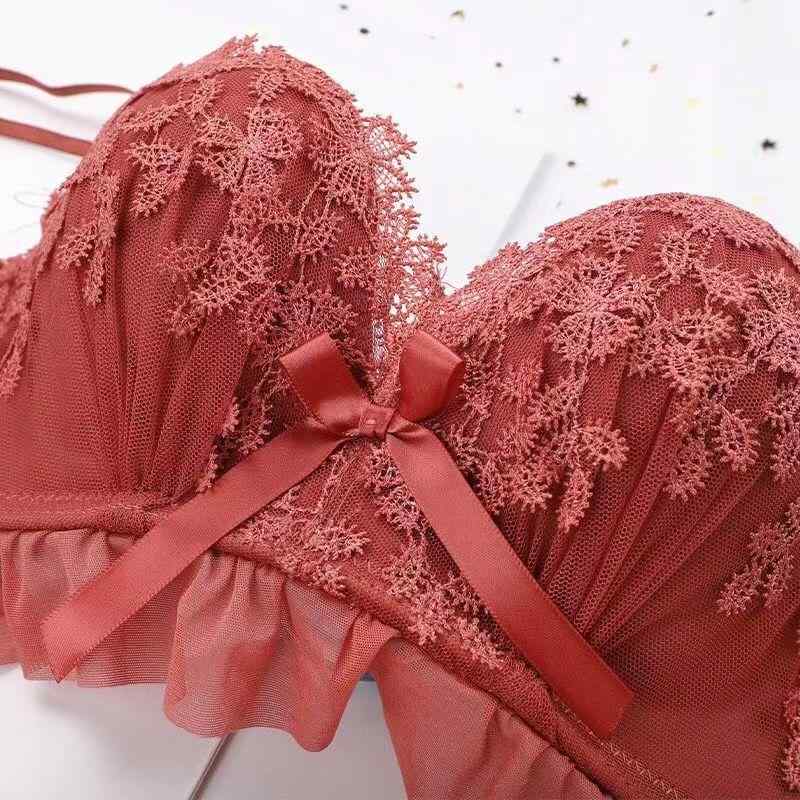 ブラジャー &amp; ショーツ レディース 3/4カップ 盛りブラ 谷間 寄せ上げ レース 蝶結び ワイヤーレス..