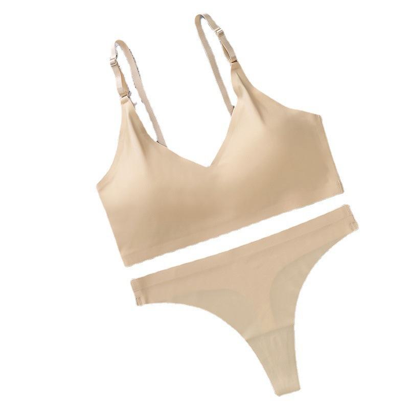 ブラジャー & ショーツ レディース 接触冷感 シームレス 三角ブラ 美背 ノンワイヤー ブラセット Tバック ショーツ 無地 黒 白 肌色 快適
