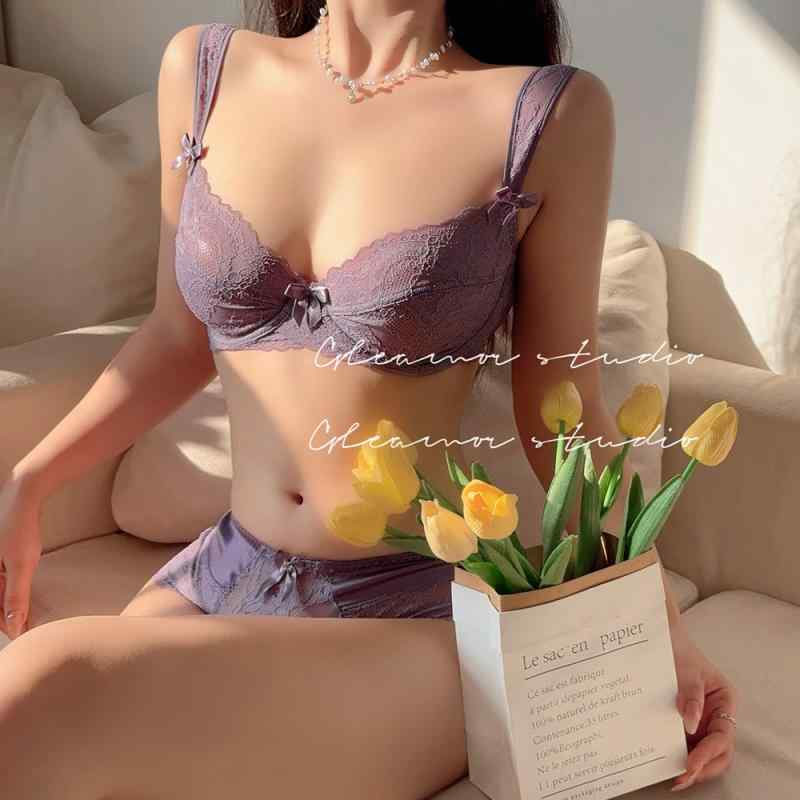 ブラジャー &amp; ショーツ レディース 薄手 3/4カップ 補正 Y型バック 通気性 レース 超薄型カップ ダ..