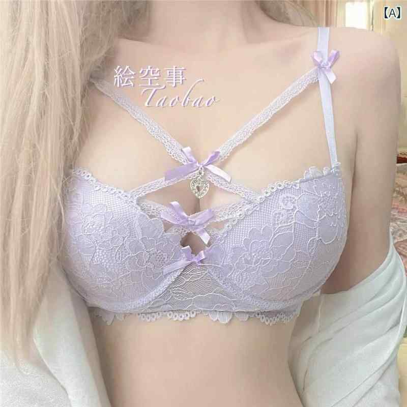 ブラジャー & ショーツセット レディース ランジェリー レース クロスストラップ 聚拢 バストアップ 70AB 75AB 80AB 85AB ピンク系 パープル ホワイト ブラック